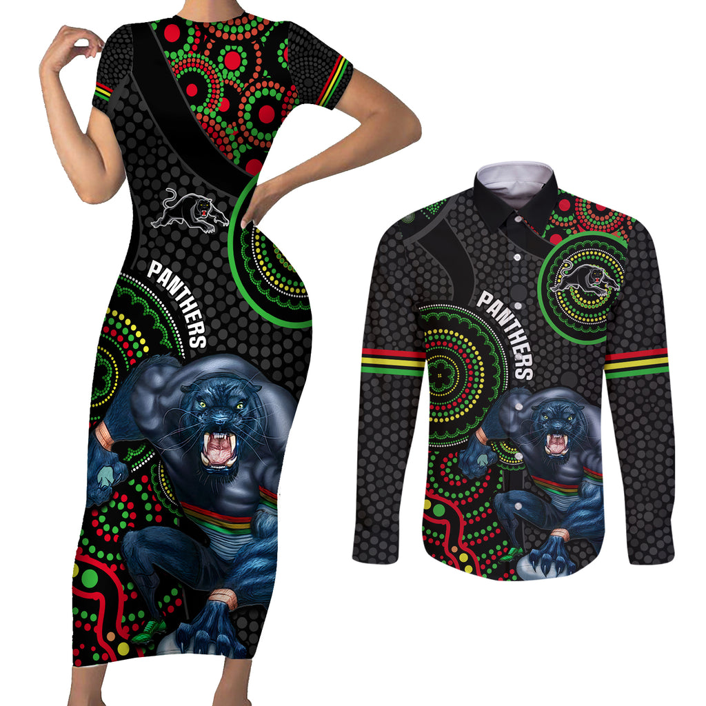 custom-nrl-panthers-couples-matching-short-sleeve-bodycon-dress-and-long-sleeve-button-shirt-indigenous-penrith-dynamic-black-version