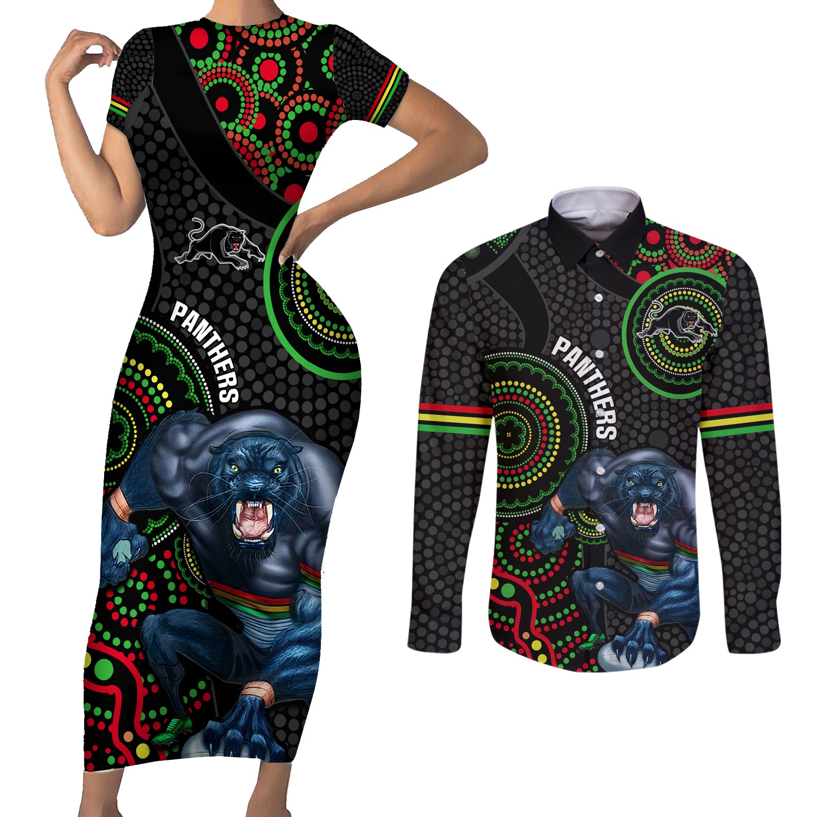 custom-nrl-panthers-couples-matching-short-sleeve-bodycon-dress-and-long-sleeve-button-shirt-indigenous-penrith-dynamic-black-version