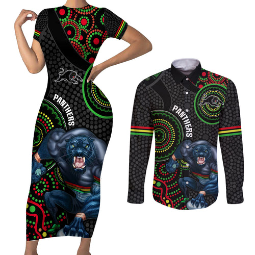 custom-nrl-panthers-couples-matching-short-sleeve-bodycon-dress-and-long-sleeve-button-shirt-indigenous-penrith-dynamic-black-version