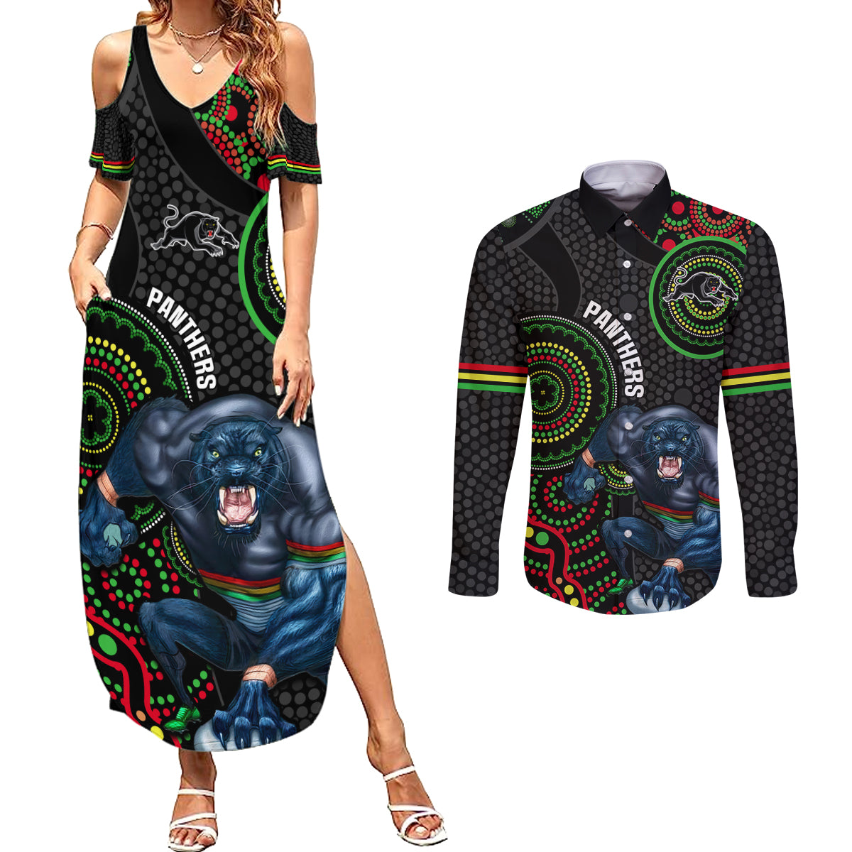 custom-nrl-panthers-couples-matching-summer-maxi-dress-and-long-sleeve-button-shirt-indigenous-penrith-dynamic-black-version