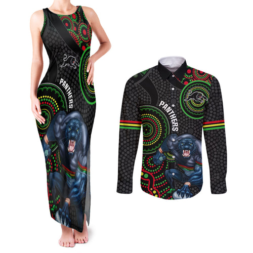 custom-nrl-panthers-couples-matching-tank-maxi-dress-and-long-sleeve-button-shirt-indigenous-penrith-dynamic-black-version