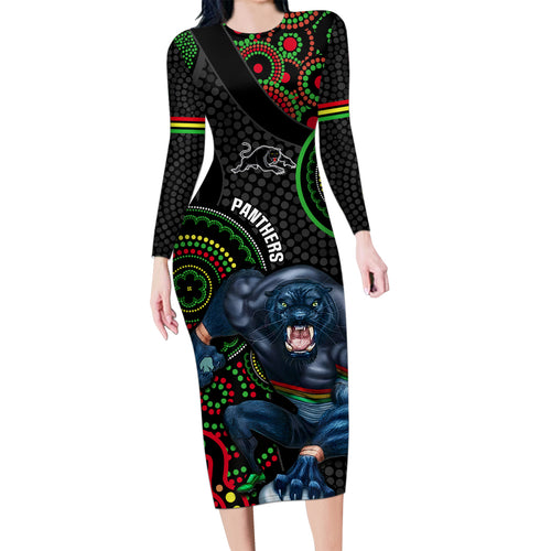 custom-nrl-panthers-family-matching-long-sleeve-bodycon-dress-and-hawaiian-shirt-indigenous-penrith-dynamic-black-version