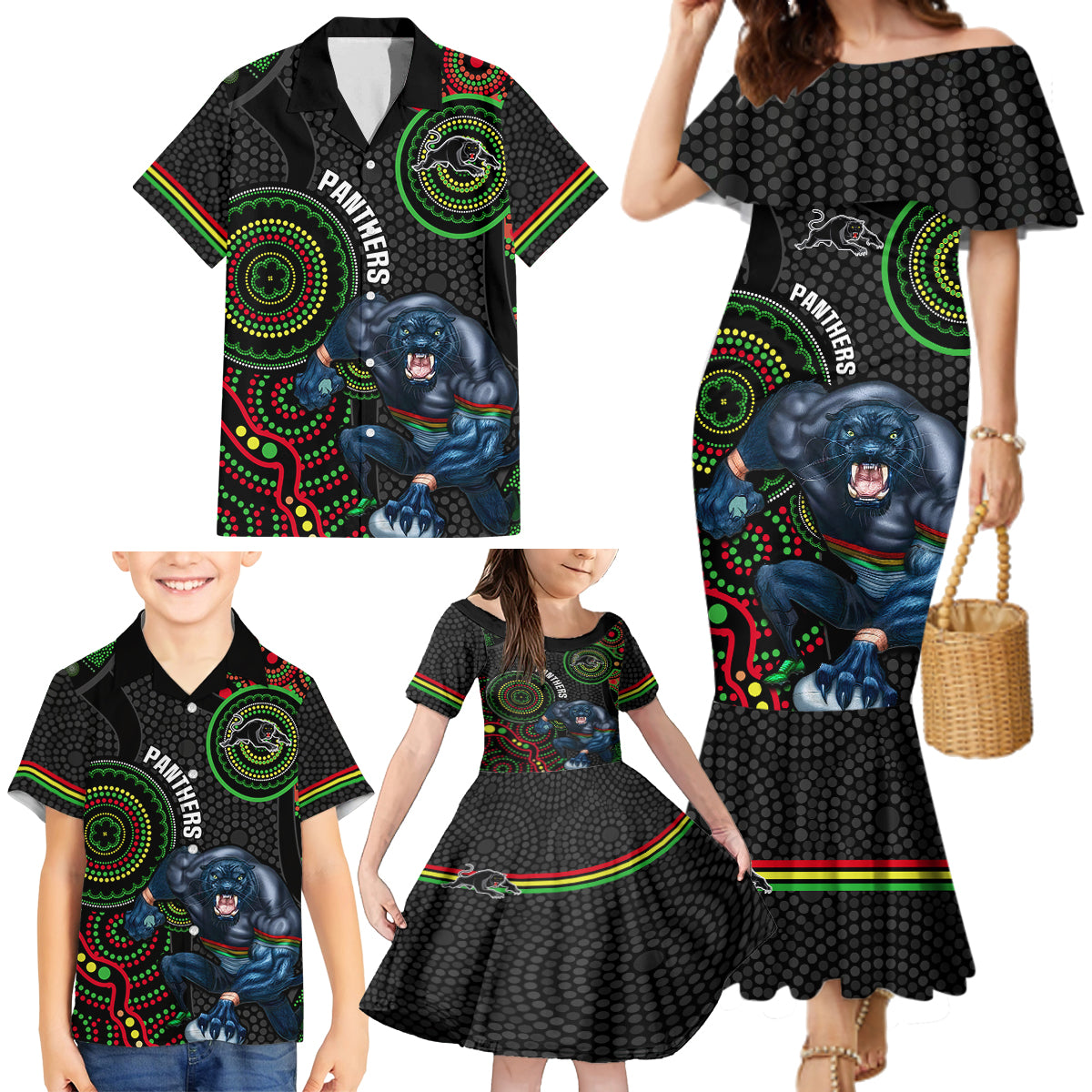 custom-nrl-panthers-family-matching-mermaid-dress-and-hawaiian-shirt-indigenous-penrith-dynamic-black-version