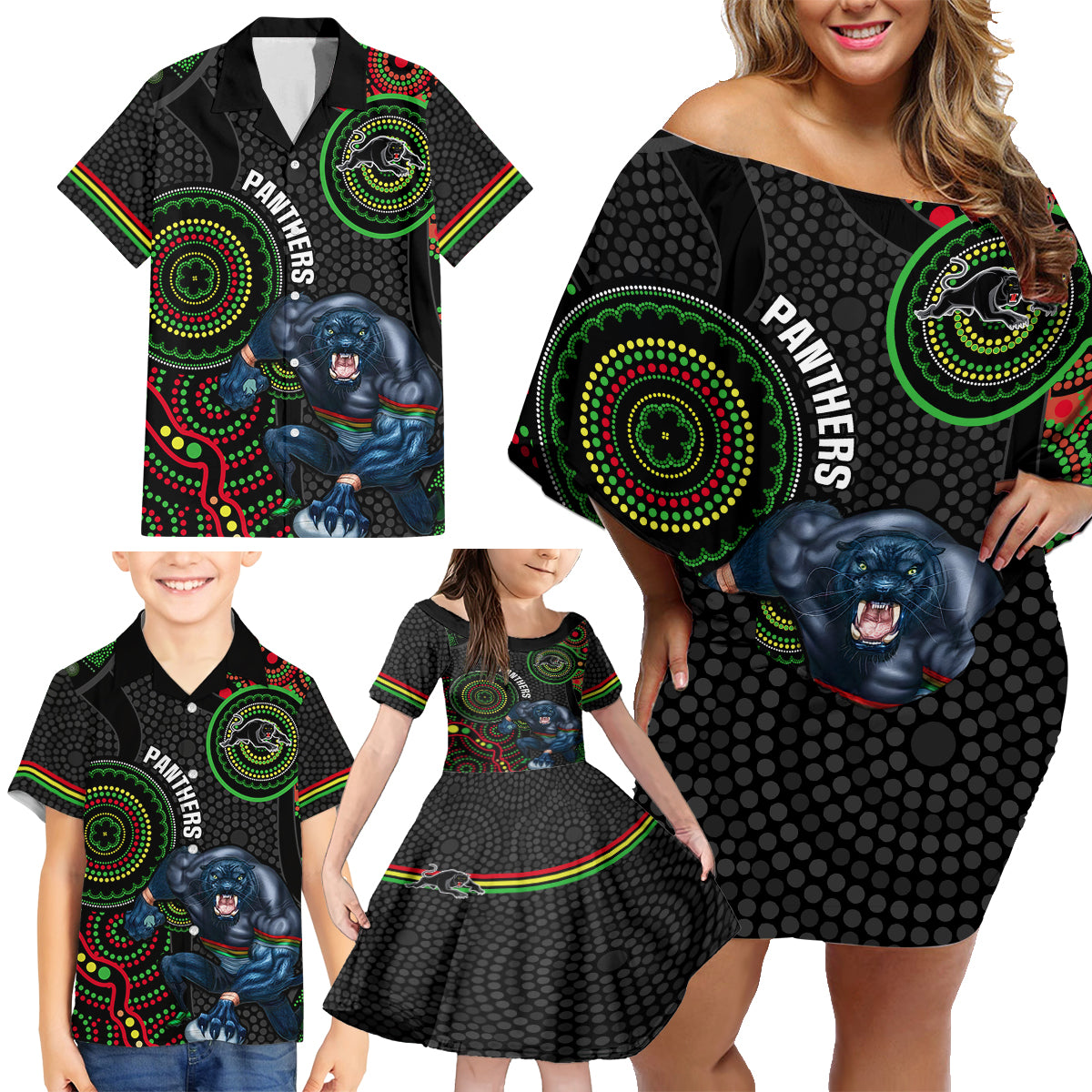 custom-nrl-panthers-family-matching-off-shoulder-short-dress-and-hawaiian-shirt-indigenous-penrith-dynamic-black-version