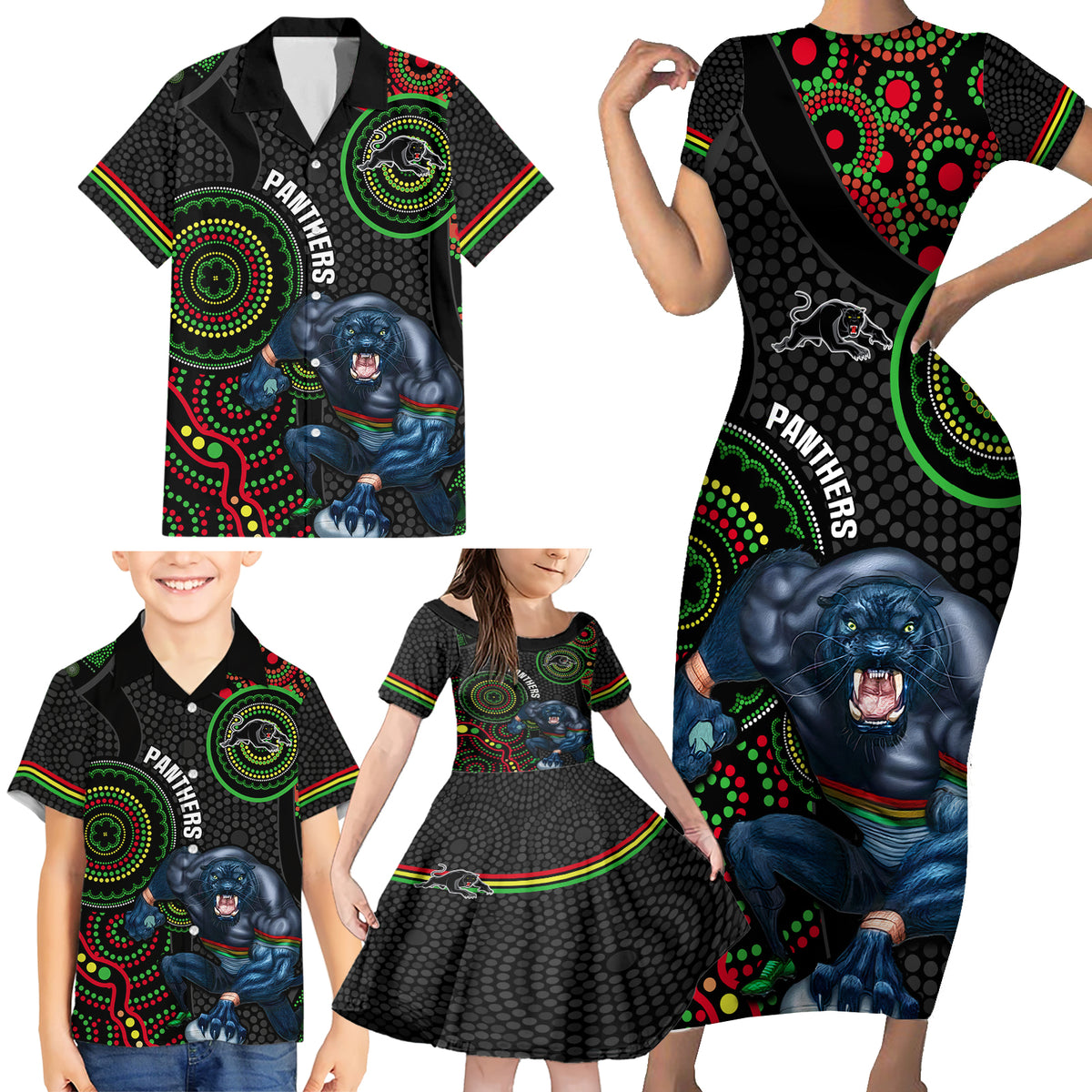 custom-nrl-panthers-family-matching-short-sleeve-bodycon-dress-and-hawaiian-shirt-indigenous-penrith-dynamic-black-version