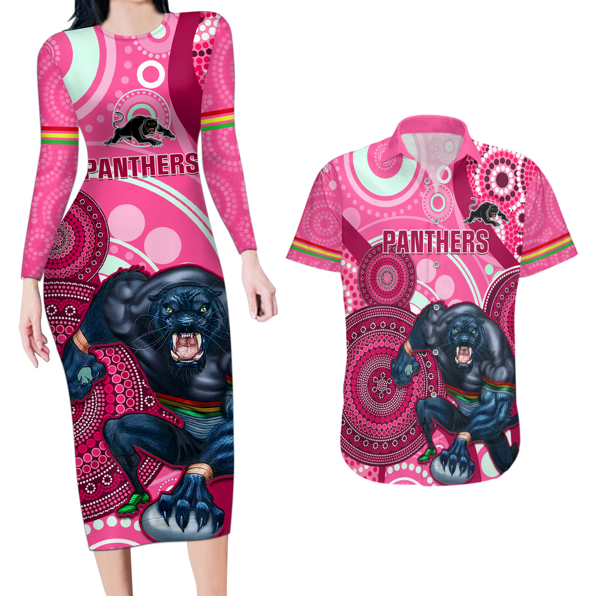 custom-nrl-panthers-couples-matching-long-sleeve-bodycon-dress-and-hawaiian-shirt-indigenous-penrith-dynamic-pink-version