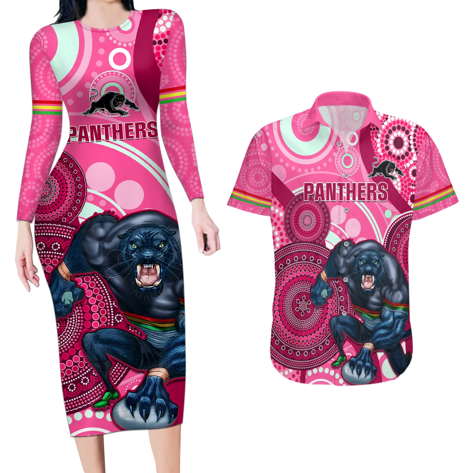 custom-nrl-panthers-couples-matching-long-sleeve-bodycon-dress-and-hawaiian-shirt-indigenous-penrith-dynamic-pink-version