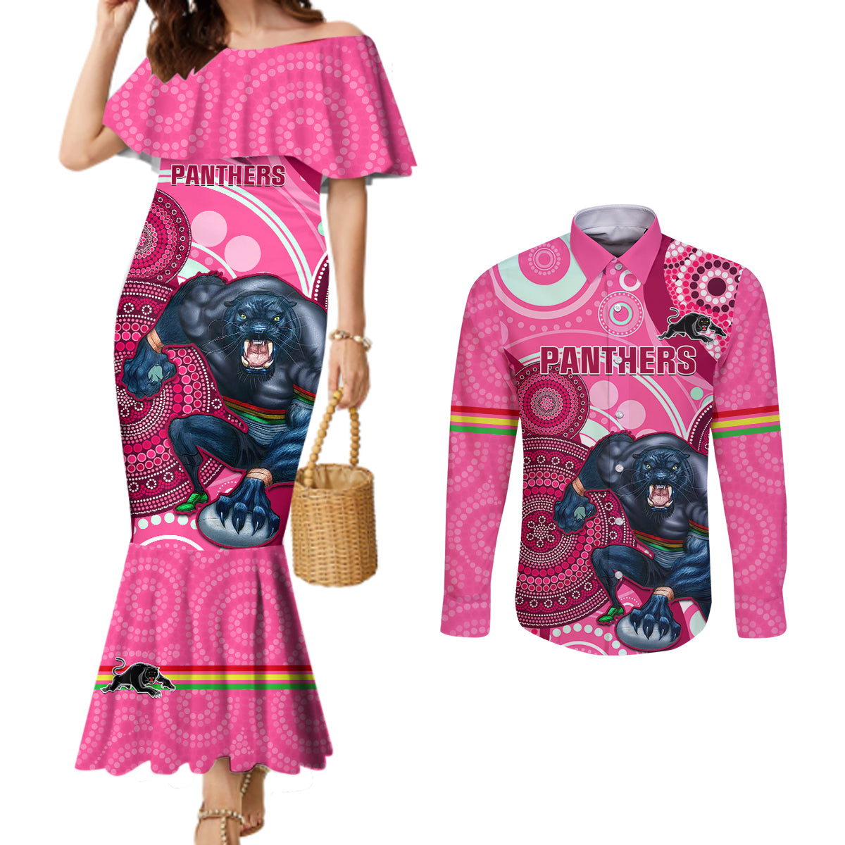 custom-nrl-panthers-couples-matching-mermaid-dress-and-long-sleeve-button-shirt-indigenous-penrith-dynamic-pink-version