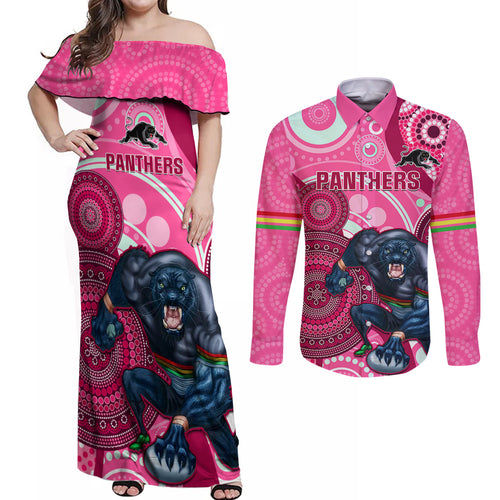 custom-nrl-panthers-couples-matching-off-shoulder-maxi-dress-and-long-sleeve-button-shirt-indigenous-penrith-dynamic-pink-version