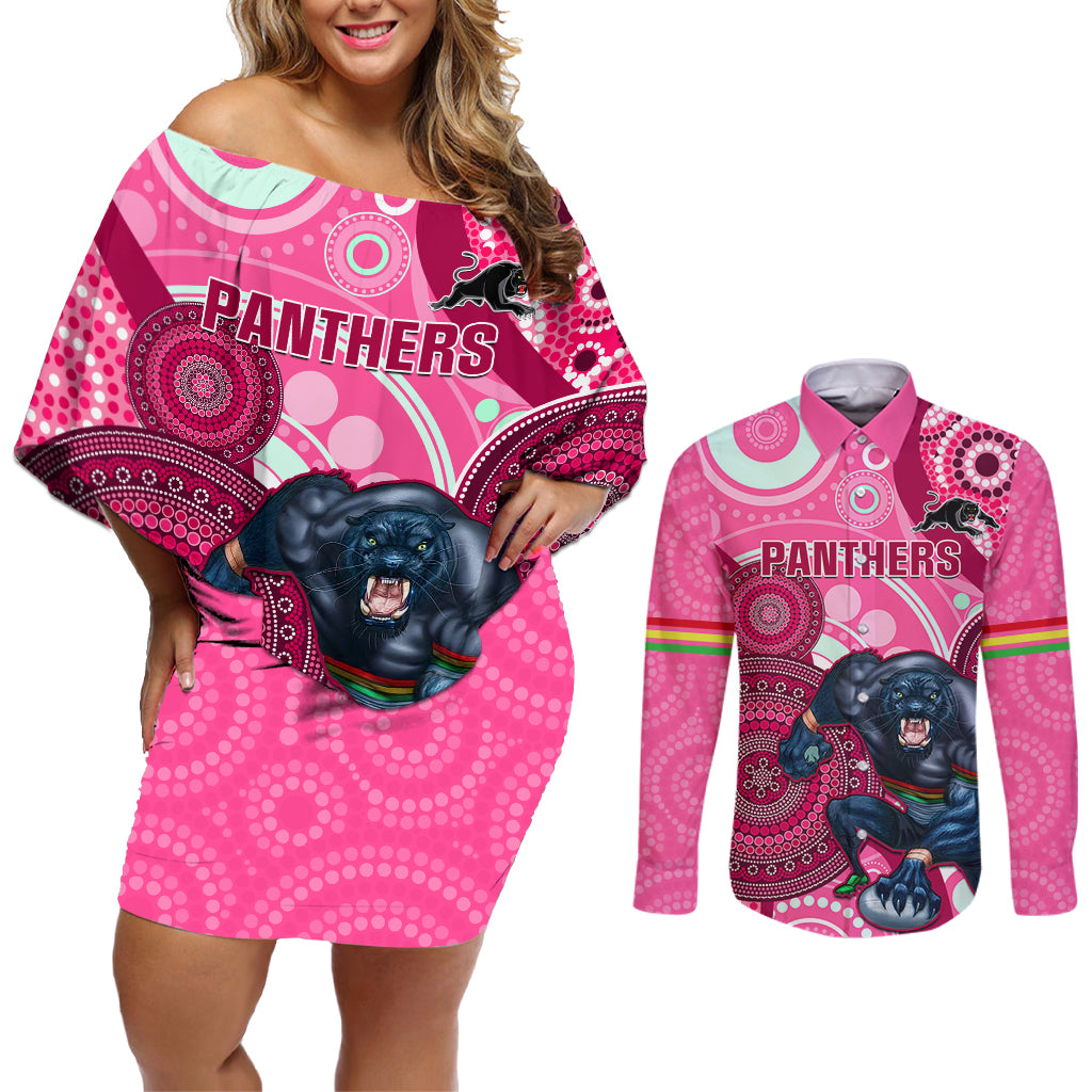 custom-nrl-panthers-couples-matching-off-shoulder-short-dress-and-long-sleeve-button-shirt-indigenous-penrith-dynamic-pink-version
