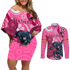 custom-nrl-panthers-couples-matching-off-shoulder-short-dress-and-long-sleeve-button-shirt-indigenous-penrith-dynamic-pink-version