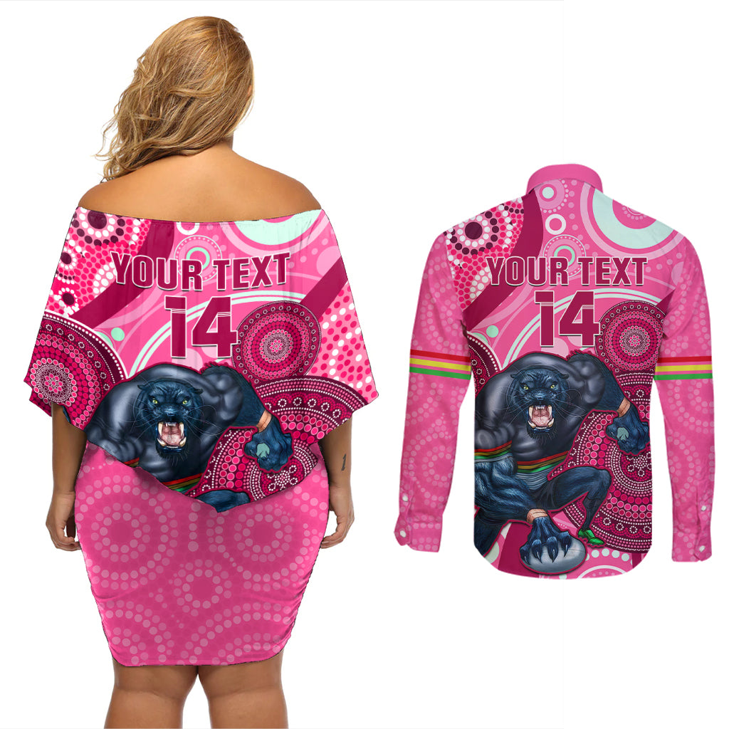 custom-nrl-panthers-couples-matching-off-shoulder-short-dress-and-long-sleeve-button-shirt-indigenous-penrith-dynamic-pink-version