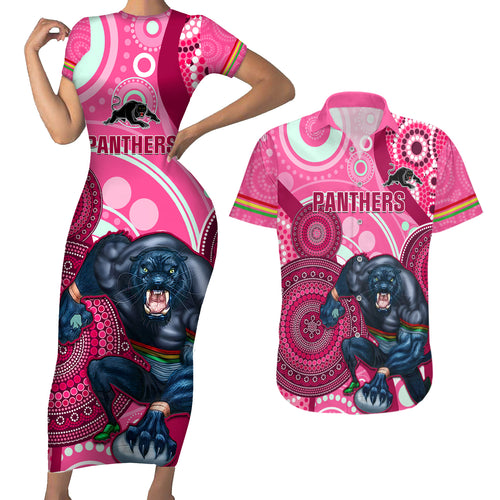 custom-nrl-panthers-couples-matching-short-sleeve-bodycon-dress-and-hawaiian-shirt-indigenous-penrith-dynamic-pink-version