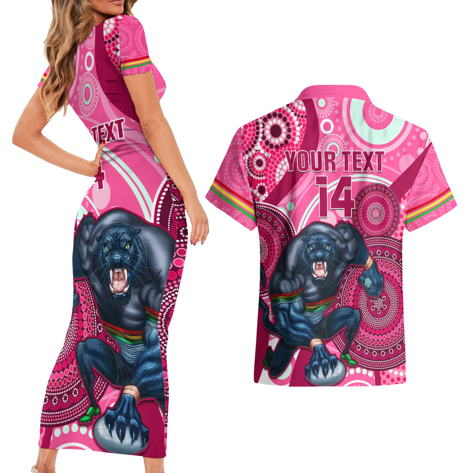 custom-nrl-panthers-couples-matching-short-sleeve-bodycon-dress-and-hawaiian-shirt-indigenous-penrith-dynamic-pink-version