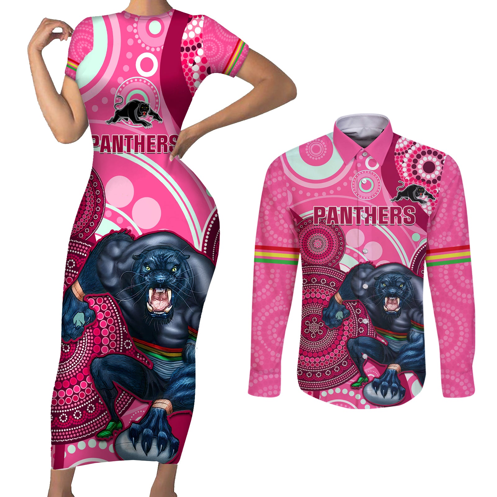 custom-nrl-panthers-couples-matching-short-sleeve-bodycon-dress-and-long-sleeve-button-shirt-indigenous-penrith-dynamic-pink-version