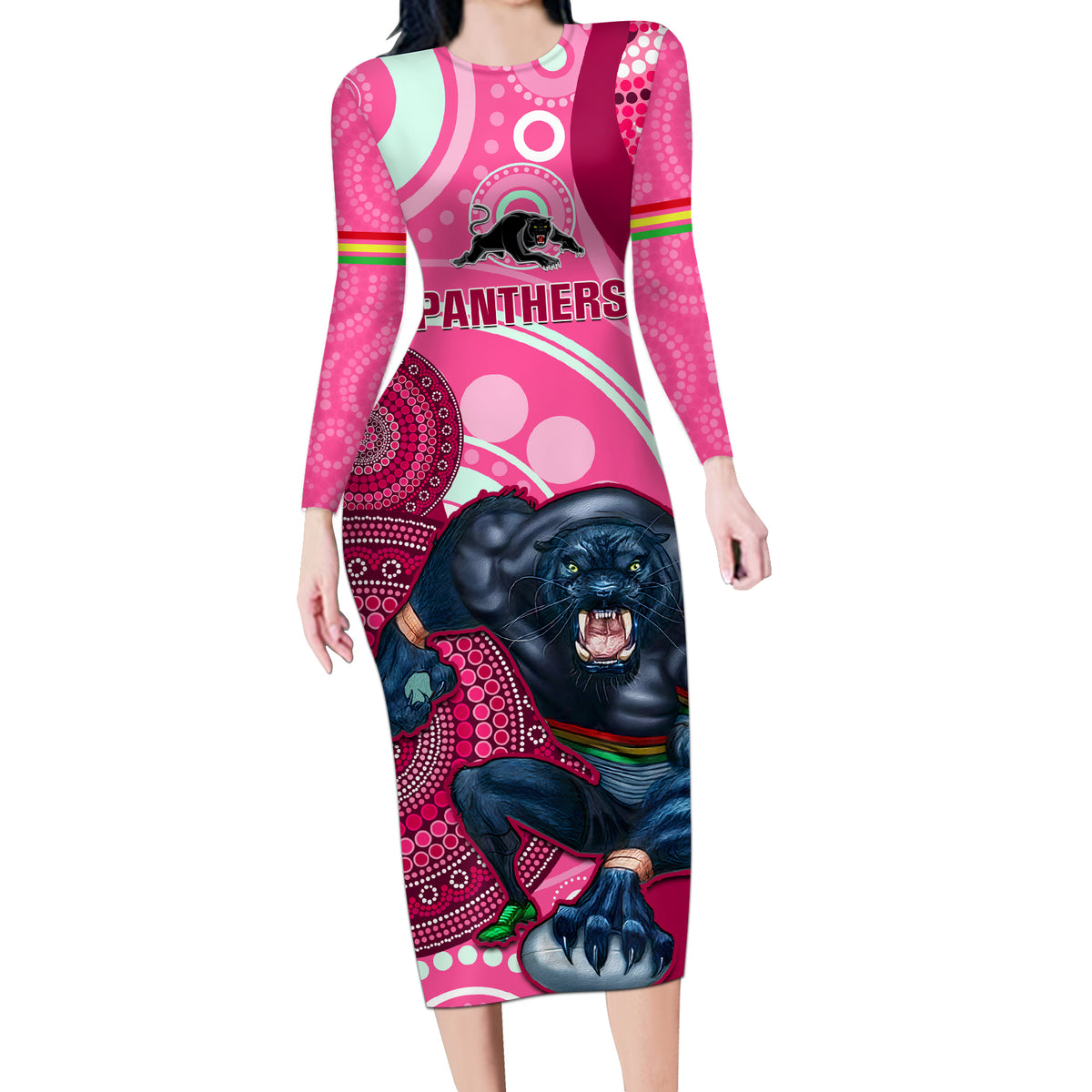 custom-nrl-panthers-long-sleeve-bodycon-dress-indigenous-penrith-dynamic-pink-version