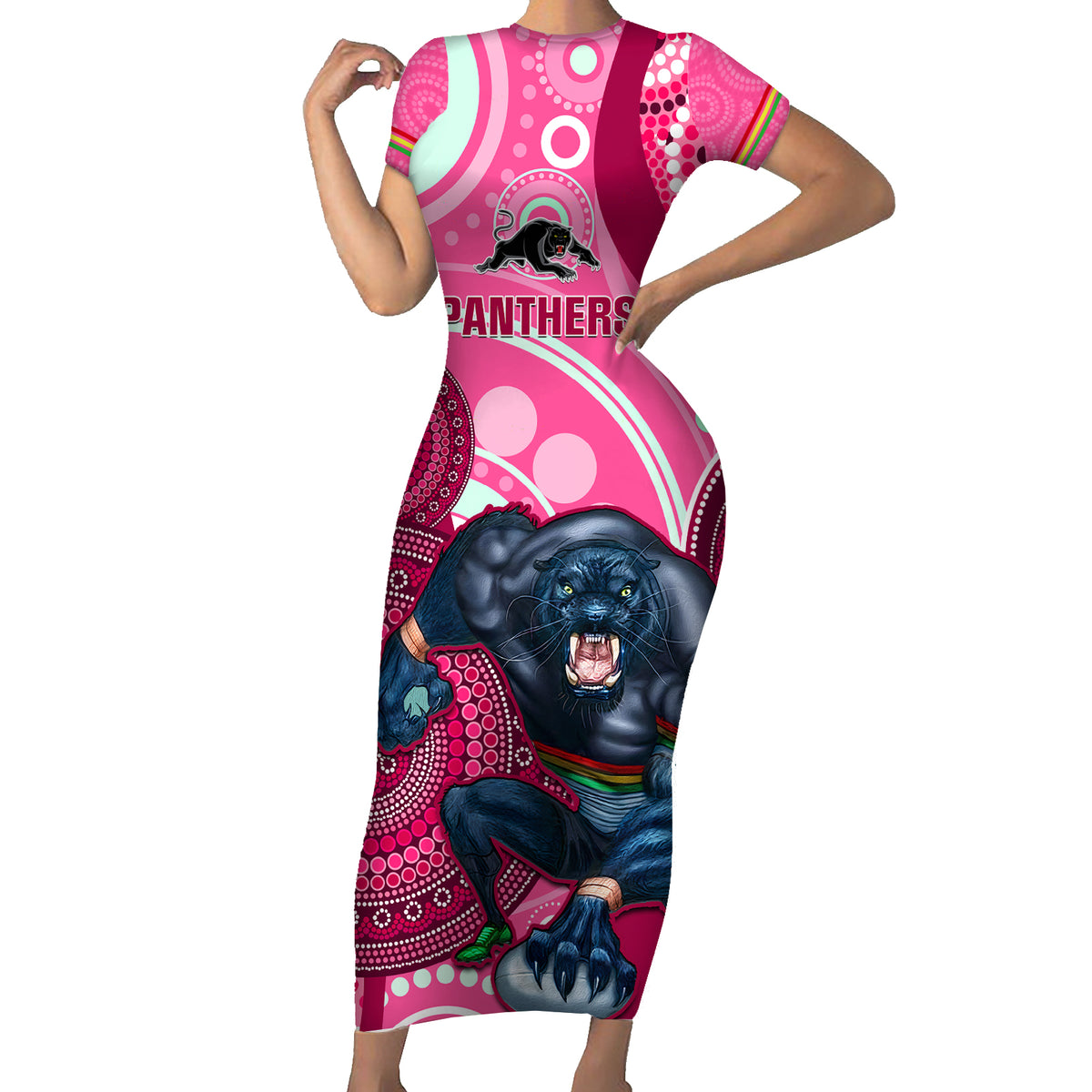 custom-nrl-panthers-short-sleeve-bodycon-dress-indigenous-penrith-dynamic-pink-version