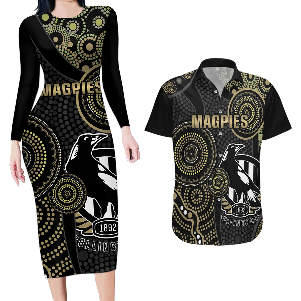 custom-afl-collingwood-couples-matching-long-sleeve-bodycon-dress-and-hawaiian-shirt-indigenous-magpies-dynamic-version
