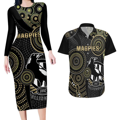 custom-afl-collingwood-couples-matching-long-sleeve-bodycon-dress-and-hawaiian-shirt-indigenous-magpies-dynamic-version