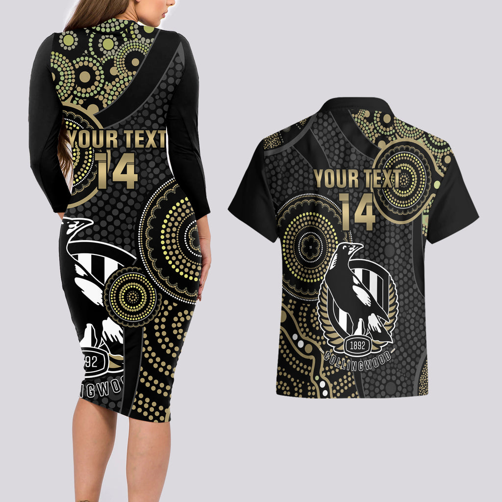 custom-afl-collingwood-couples-matching-long-sleeve-bodycon-dress-and-hawaiian-shirt-indigenous-magpies-dynamic-version