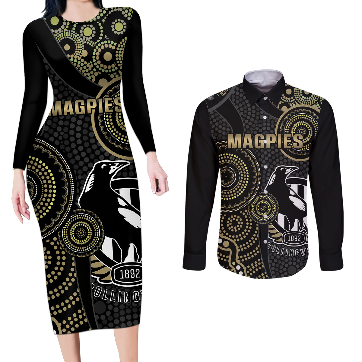 custom-afl-collingwood-couples-matching-long-sleeve-bodycon-dress-and-long-sleeve-button-shirt-indigenous-magpies-dynamic-version