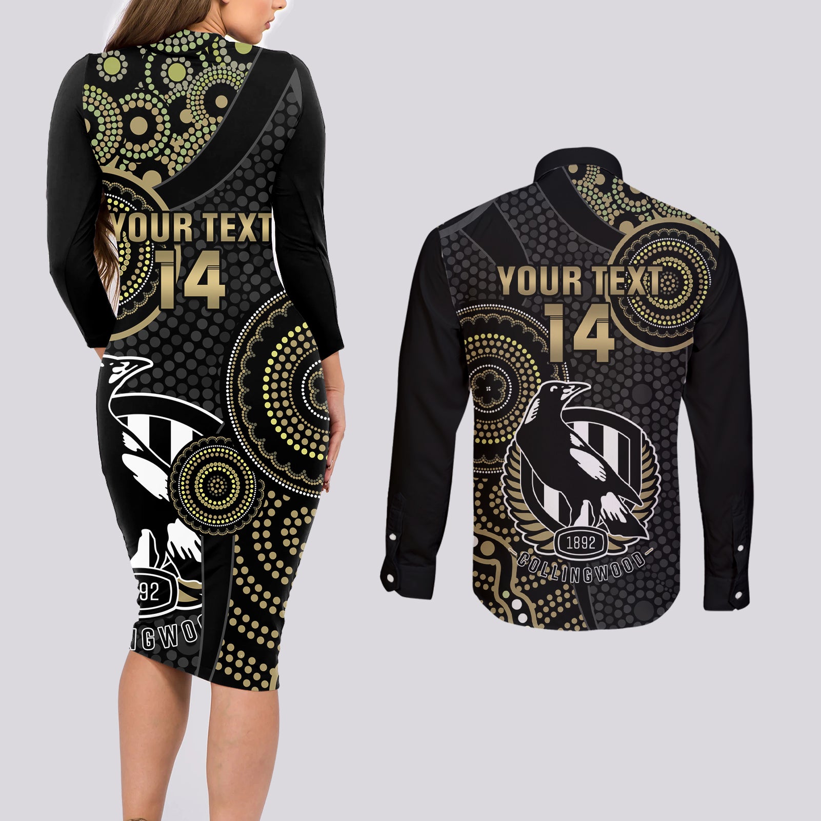 custom-afl-collingwood-couples-matching-long-sleeve-bodycon-dress-and-long-sleeve-button-shirt-indigenous-magpies-dynamic-version