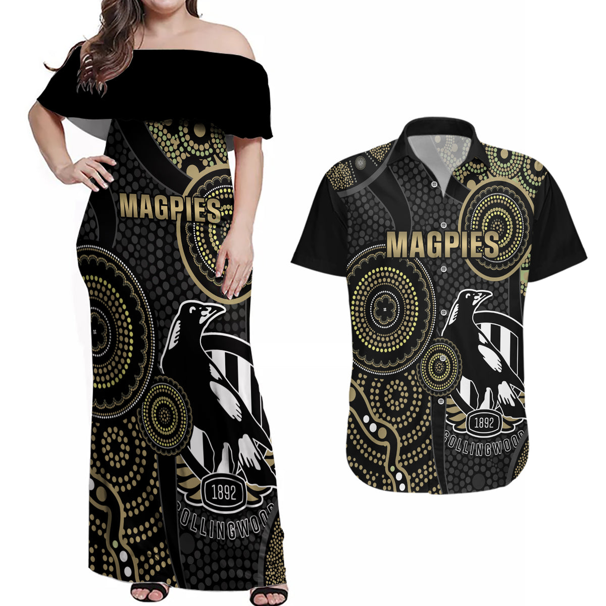 custom-afl-collingwood-couples-matching-off-shoulder-maxi-dress-and-hawaiian-shirt-indigenous-magpies-dynamic-version
