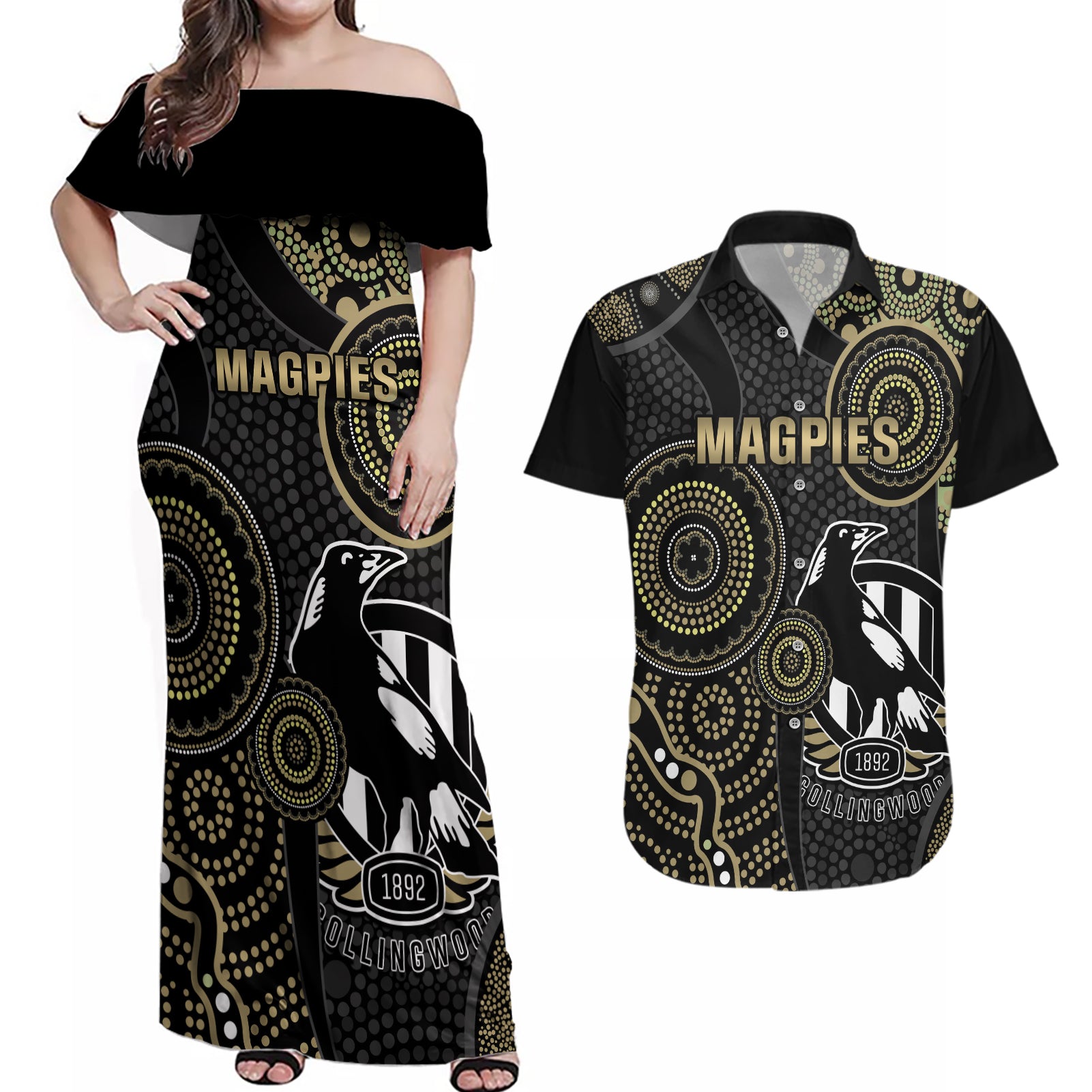 custom-afl-collingwood-couples-matching-off-shoulder-maxi-dress-and-hawaiian-shirt-indigenous-magpies-dynamic-version
