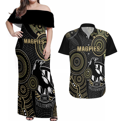 custom-afl-collingwood-couples-matching-off-shoulder-maxi-dress-and-hawaiian-shirt-indigenous-magpies-dynamic-version