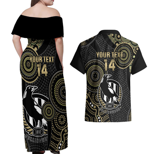 custom-afl-collingwood-couples-matching-off-shoulder-maxi-dress-and-hawaiian-shirt-indigenous-magpies-dynamic-version