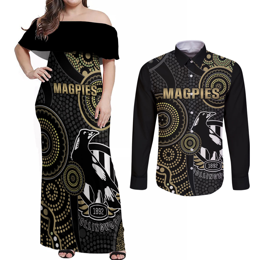 custom-afl-collingwood-couples-matching-off-shoulder-maxi-dress-and-long-sleeve-button-shirt-indigenous-magpies-dynamic-version
