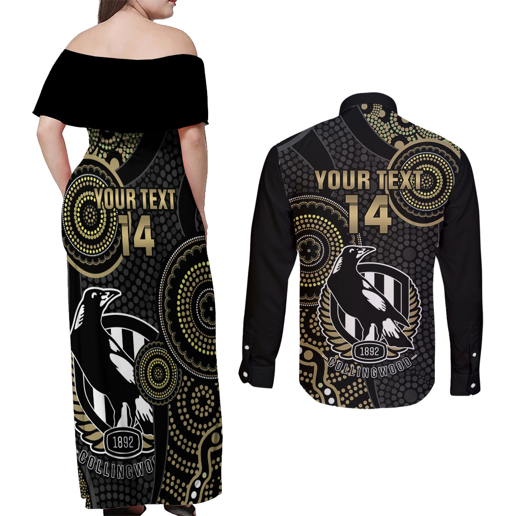 custom-afl-collingwood-couples-matching-off-shoulder-maxi-dress-and-long-sleeve-button-shirt-indigenous-magpies-dynamic-version