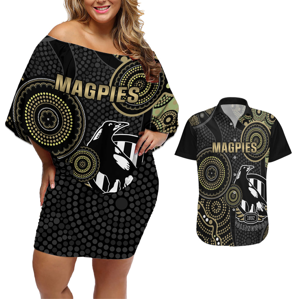 custom-afl-collingwood-couples-matching-off-shoulder-short-dress-and-hawaiian-shirt-indigenous-magpies-dynamic-version
