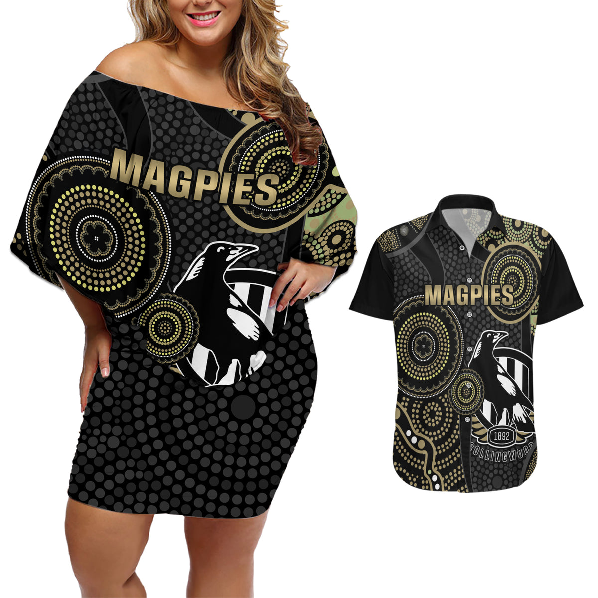 custom-afl-collingwood-couples-matching-off-shoulder-short-dress-and-hawaiian-shirt-indigenous-magpies-dynamic-version