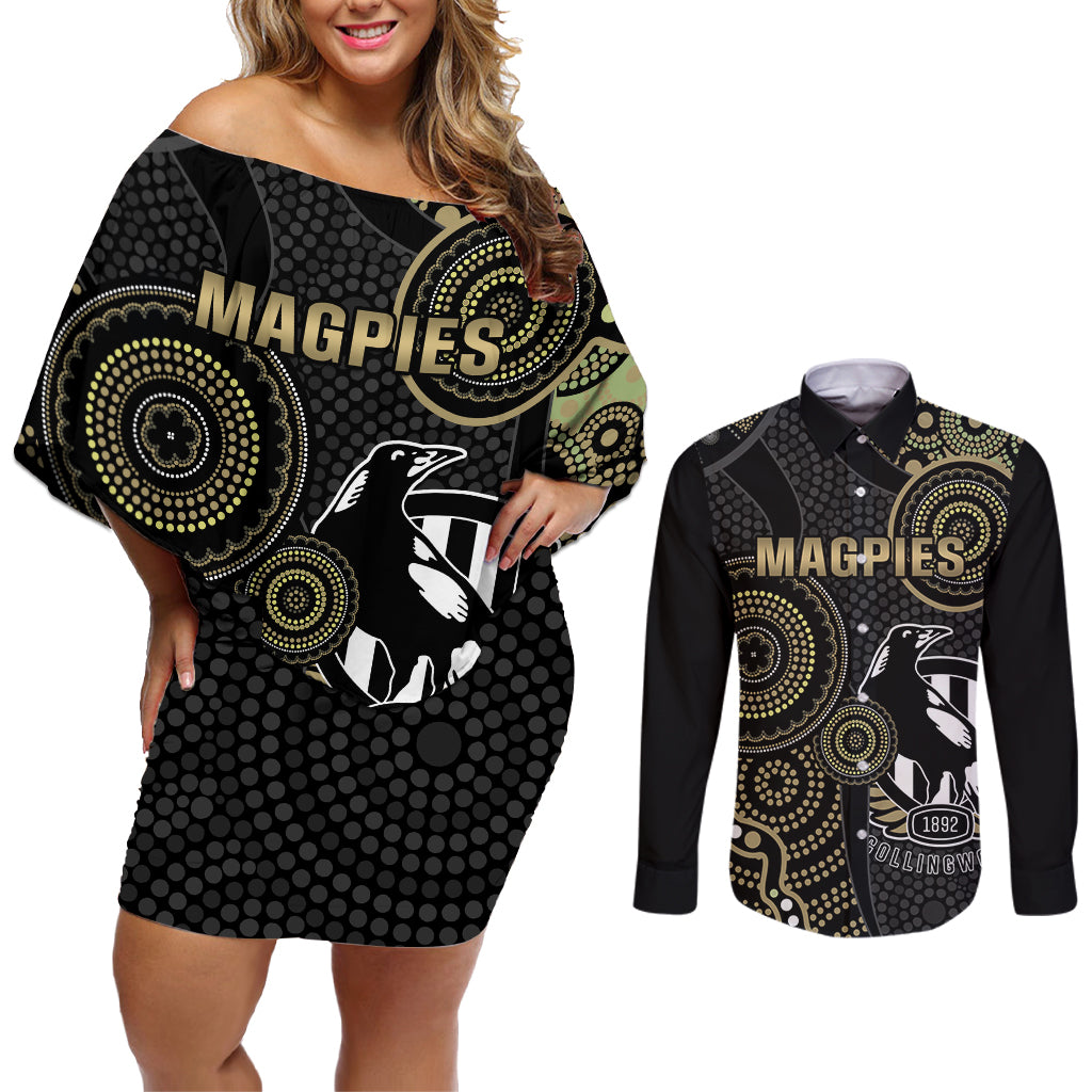 custom-afl-collingwood-couples-matching-off-shoulder-short-dress-and-long-sleeve-button-shirt-indigenous-magpies-dynamic-version