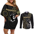 custom-afl-collingwood-couples-matching-off-shoulder-short-dress-and-long-sleeve-button-shirt-indigenous-magpies-dynamic-version