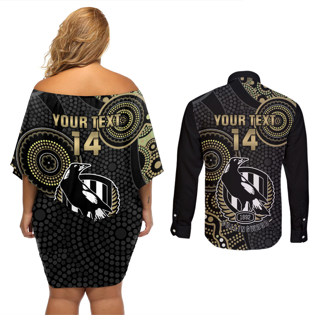 custom-afl-collingwood-couples-matching-off-shoulder-short-dress-and-long-sleeve-button-shirt-indigenous-magpies-dynamic-version