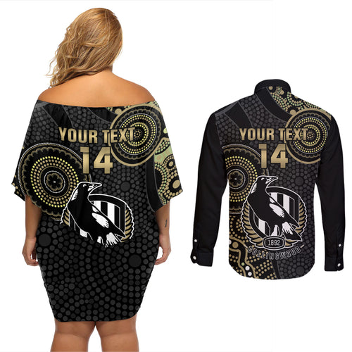 custom-afl-collingwood-couples-matching-off-shoulder-short-dress-and-long-sleeve-button-shirt-indigenous-magpies-dynamic-version
