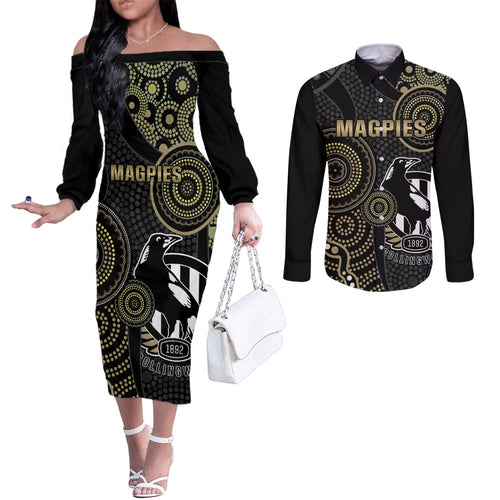 custom-afl-collingwood-couples-matching-off-the-shoulder-long-sleeve-dress-and-long-sleeve-button-shirt-indigenous-magpies-dynamic-version