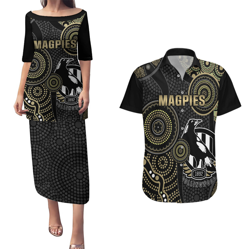 custom-afl-collingwood-couples-matching-puletasi-dress-and-hawaiian-shirt-indigenous-magpies-dynamic-version