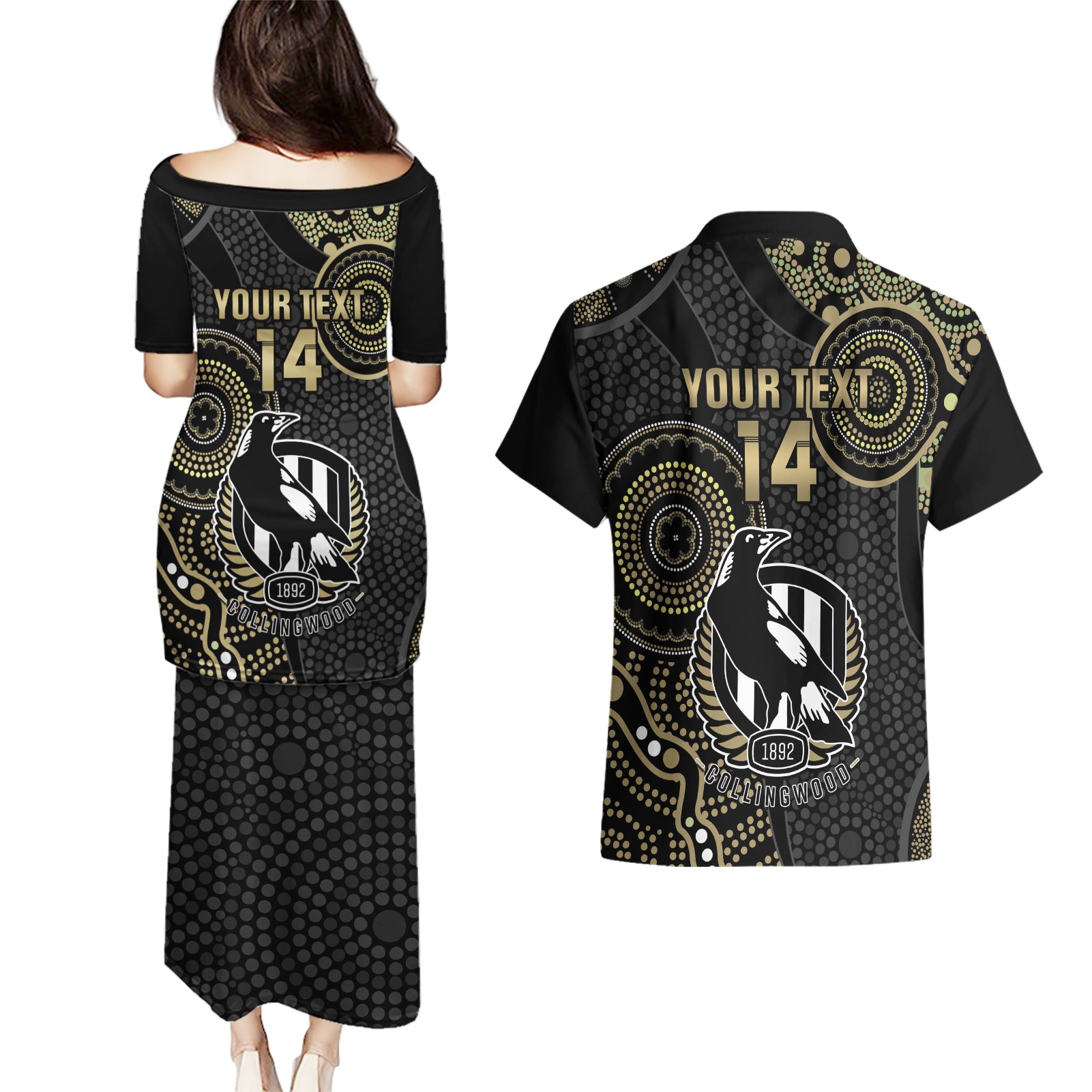 custom-afl-collingwood-couples-matching-puletasi-dress-and-hawaiian-shirt-indigenous-magpies-dynamic-version