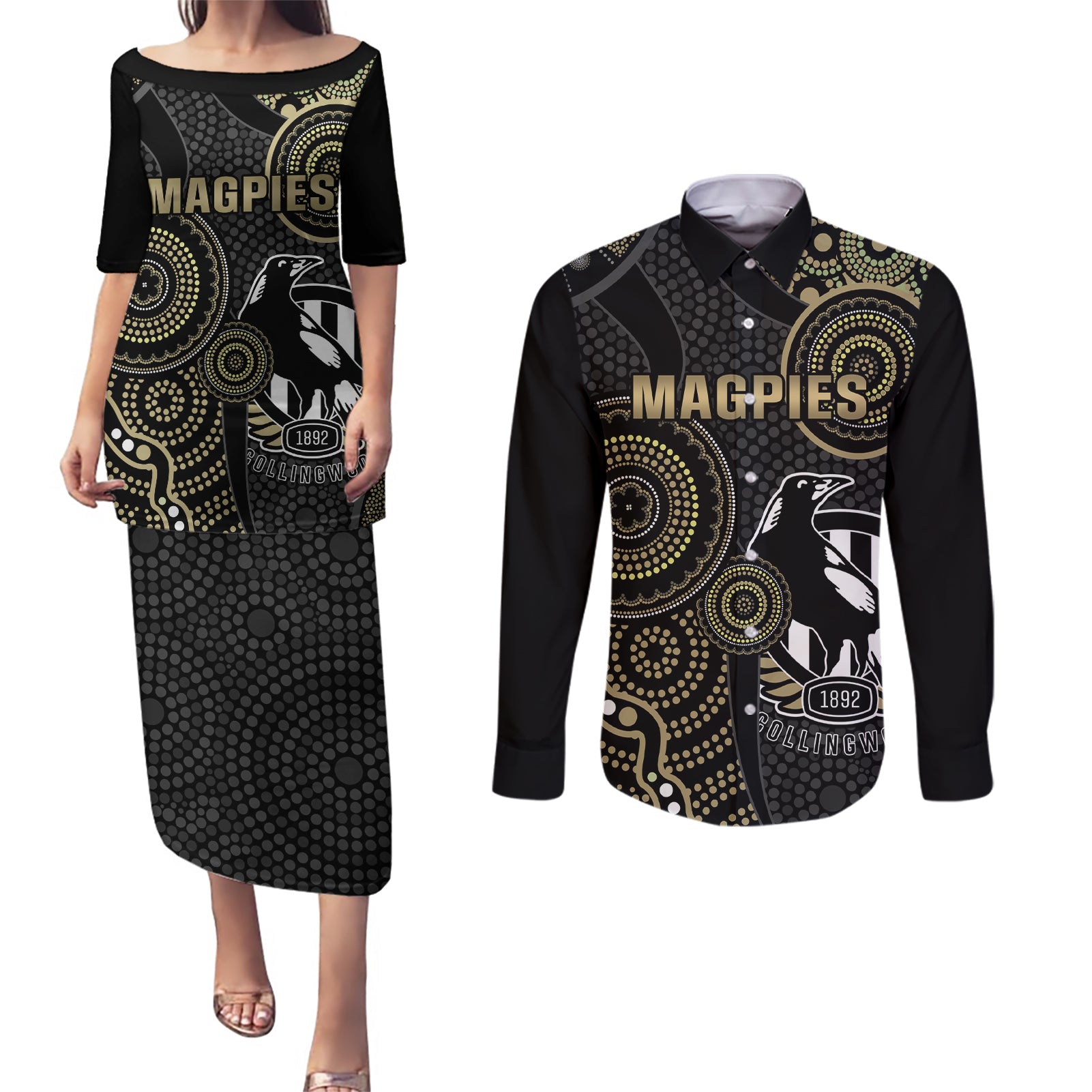 custom-afl-collingwood-couples-matching-puletasi-dress-and-long-sleeve-button-shirt-indigenous-magpies-dynamic-version