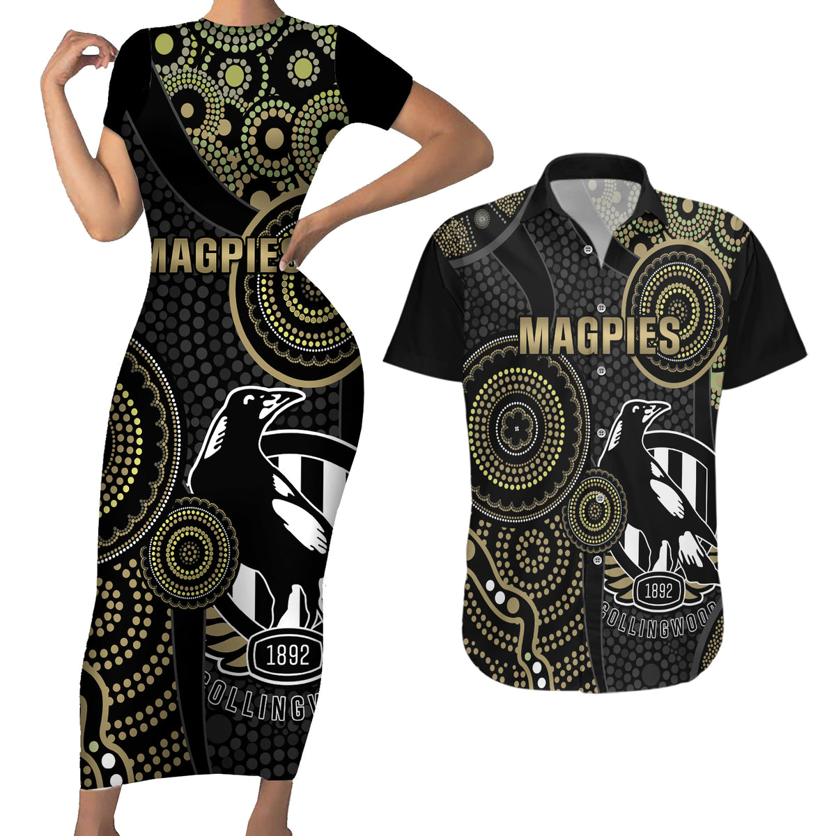 custom-afl-collingwood-couples-matching-short-sleeve-bodycon-dress-and-hawaiian-shirt-indigenous-magpies-dynamic-version