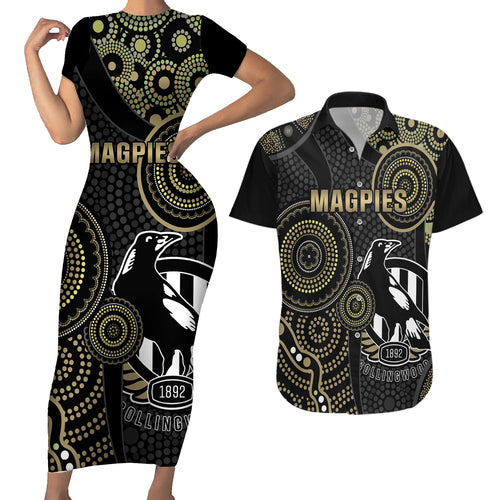 custom-afl-collingwood-couples-matching-short-sleeve-bodycon-dress-and-hawaiian-shirt-indigenous-magpies-dynamic-version