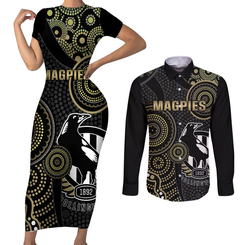 custom-afl-collingwood-couples-matching-short-sleeve-bodycon-dress-and-long-sleeve-button-shirt-indigenous-magpies-dynamic-version