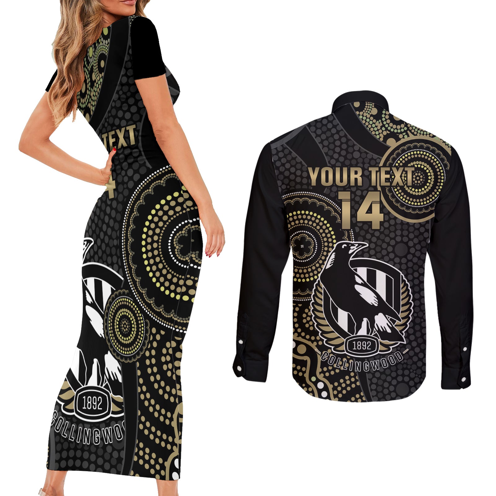 custom-afl-collingwood-couples-matching-short-sleeve-bodycon-dress-and-long-sleeve-button-shirt-indigenous-magpies-dynamic-version