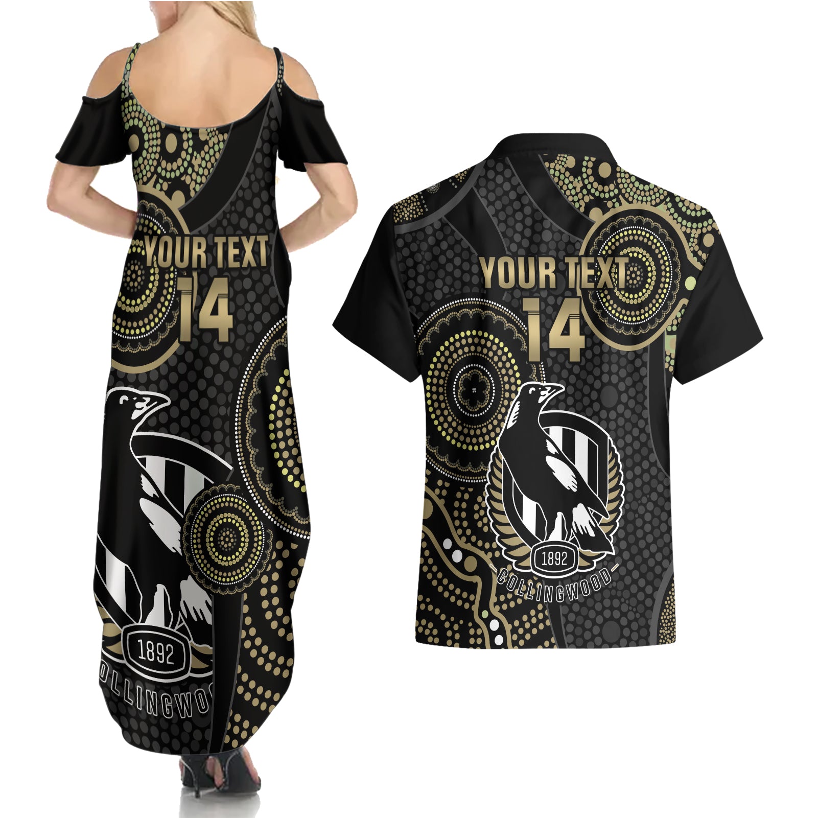custom-afl-collingwood-couples-matching-summer-maxi-dress-and-hawaiian-shirt-indigenous-magpies-dynamic-version