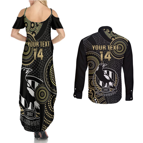 custom-afl-collingwood-couples-matching-summer-maxi-dress-and-long-sleeve-button-shirt-indigenous-magpies-dynamic-version