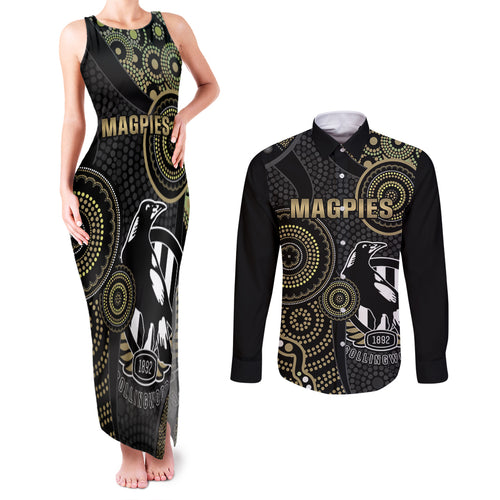 custom-afl-collingwood-couples-matching-tank-maxi-dress-and-long-sleeve-button-shirt-indigenous-magpies-dynamic-version