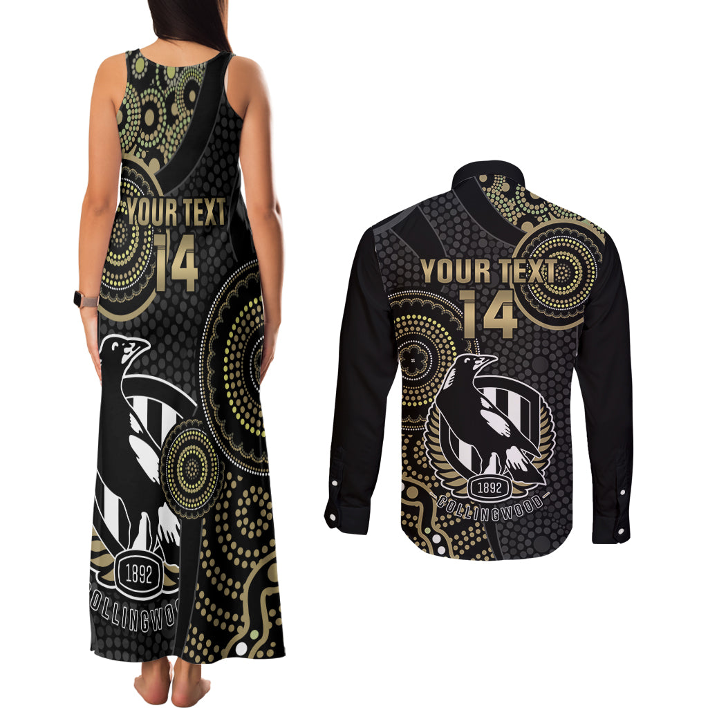 custom-afl-collingwood-couples-matching-tank-maxi-dress-and-long-sleeve-button-shirt-indigenous-magpies-dynamic-version